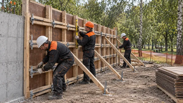 Монолитная стена: процесс установки бетонного забора. Фотореалистичная визуализация