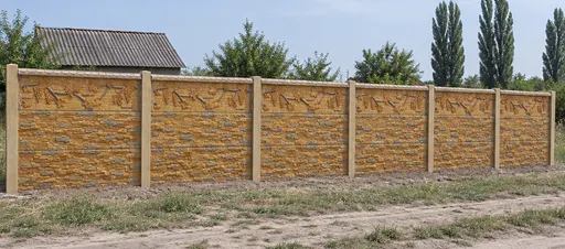 Декоративный наборный бетонный забор. Готовое ограждение. Декоративный забор с фактурой сланца. Визуализация.
