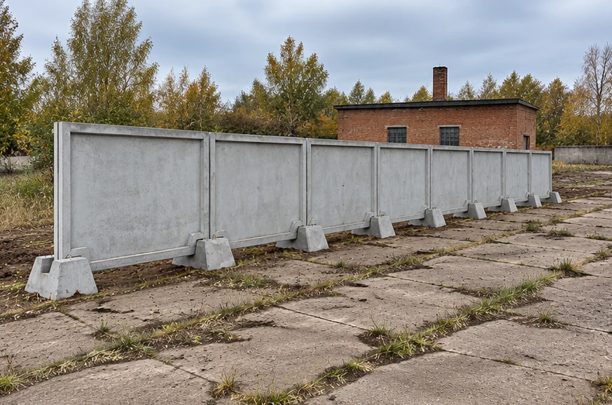 Ребристые железобетонные панели на отдельных опорах. Готовое ограждение. Площадка возле котельной. Визуализация.