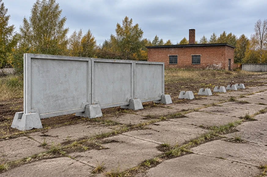 Ребристые железобетонные панели на отдельных опорах. Забор в процессе монтажа. Площадка возле котельной. Визуализация.