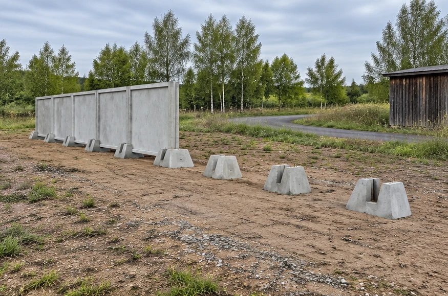 Ребристые железобетонные панели на отдельных опорах. Забор в процессе монтажа. Участок рядом с подъездной дорогой. Визуализация.