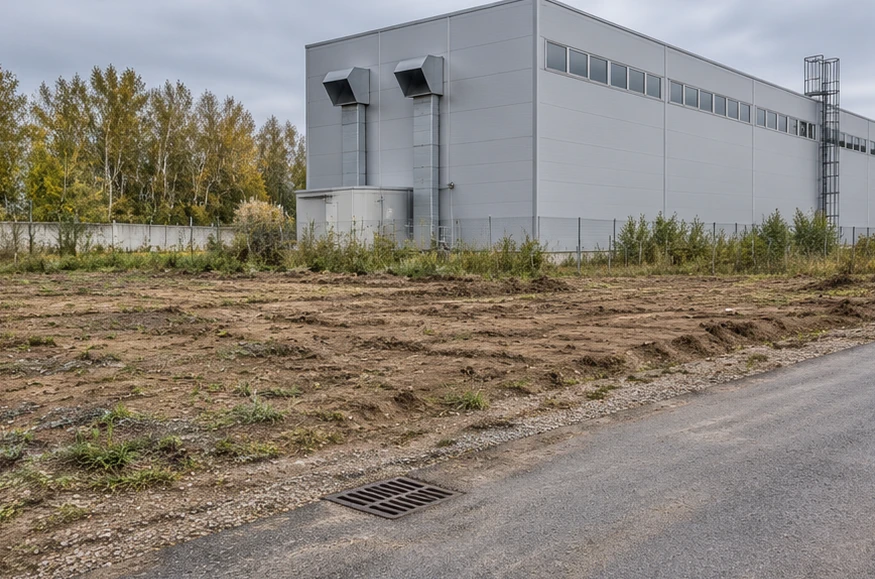 Ребристые железобетонные панели на отдельных опорах. Участок до установки ограждения. Забор вдоль производственного корпуса. Визуализация.