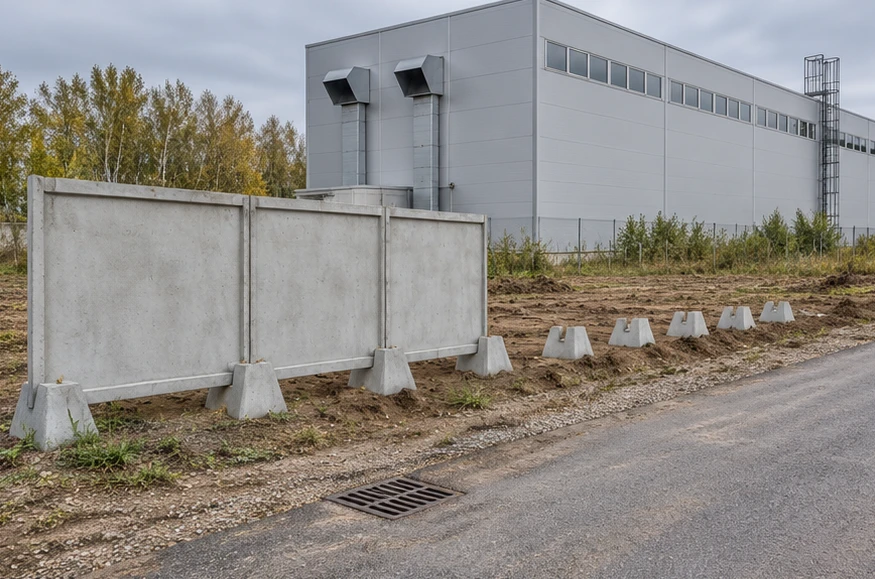 Ребристые железобетонные панели на отдельных опорах. Забор в процессе монтажа. Забор вдоль производственного корпуса. Визуализация.