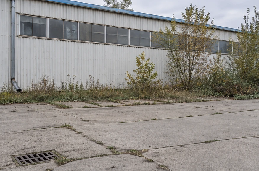 Самостоящий железобетонный забор. Участок до установки ограждения. Самостоящие панели у складского корпуса. Визуализация.